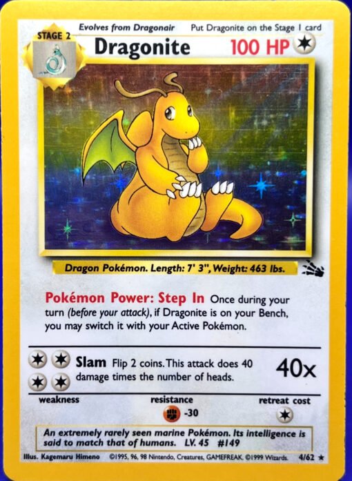 1999 Pokémon Unlimited Fossil DRAGONITE Holo LP+