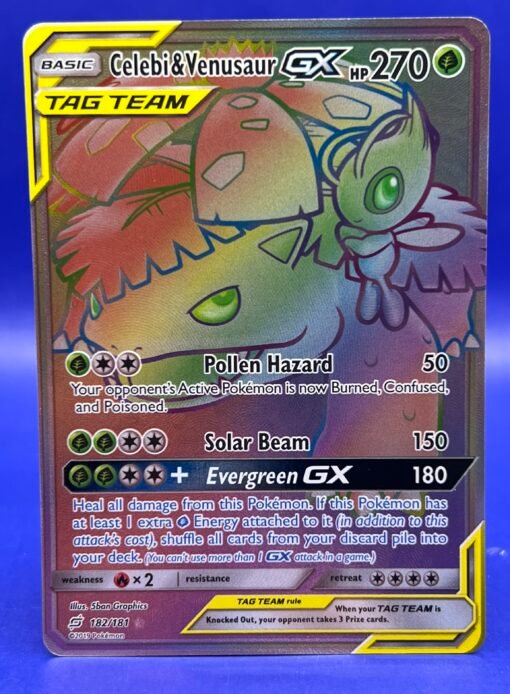 2019 Pokemon Sun & Moon Celebi & Venusaur GX 182/181 Secret Rare Rainbow Holo NM - Image 2