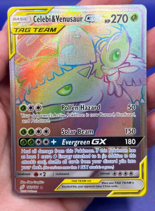 2019 Pokemon Sun & Moon Celebi & Venusaur GX 182/181 Secret Rare Rainbow Holo NM - Image 7